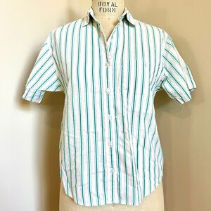 VTG 90s Talbots Striped Button-up Top White Aqua 100% Cotton Petite Small